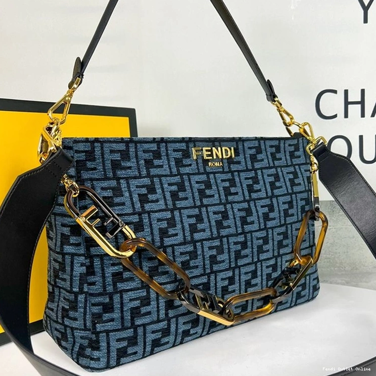 Affordable O'Lock Bag Fabric Tapestry Fendi Shoulder FF Blue In Zip 0717